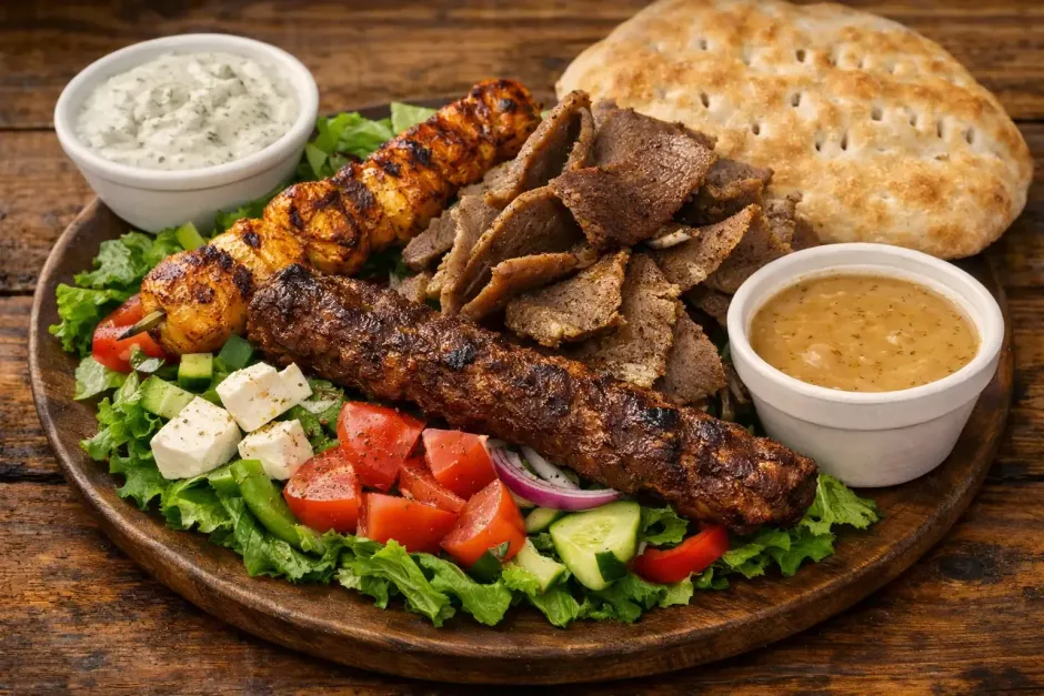 Grilled kebabs with flatbread, salad, hummus, and sauces on a wooden platter
