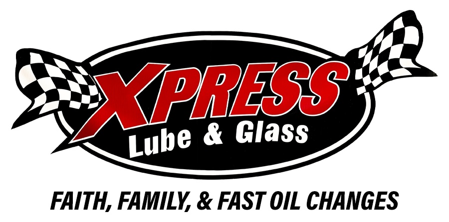 Logo for Xpress Lube & Glass: Red text on black oval with checkered flags and tagline 