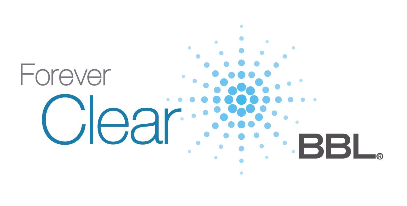 a blue and white logo for forever clear bbl .