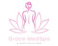 Logo for Grace MedSpa: Pink silhouette of a woman within a lotus flower, with text 