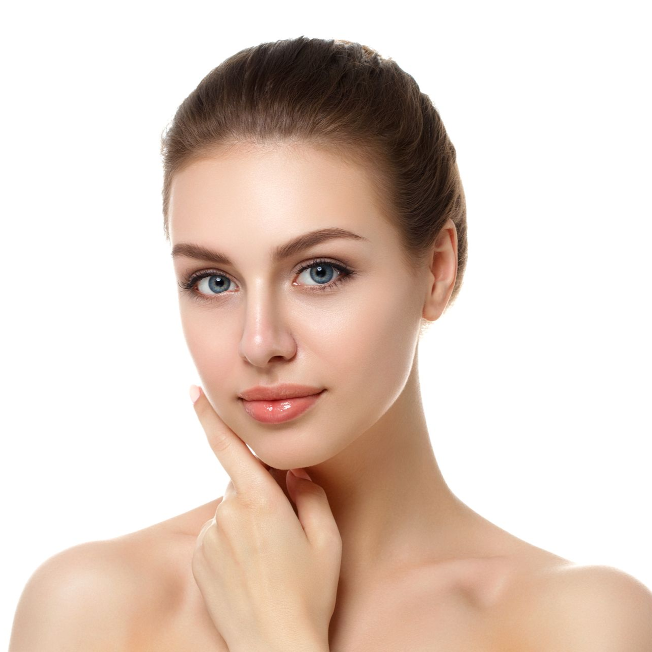 Woman with light skin, touching her chin, looking at the viewer.