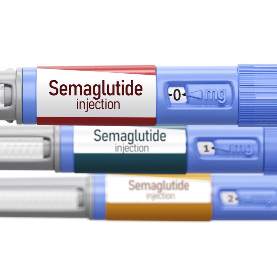 Three Semaglutide injection pens in blue, labeled for 0mg, 1mg, and 2mg doses.