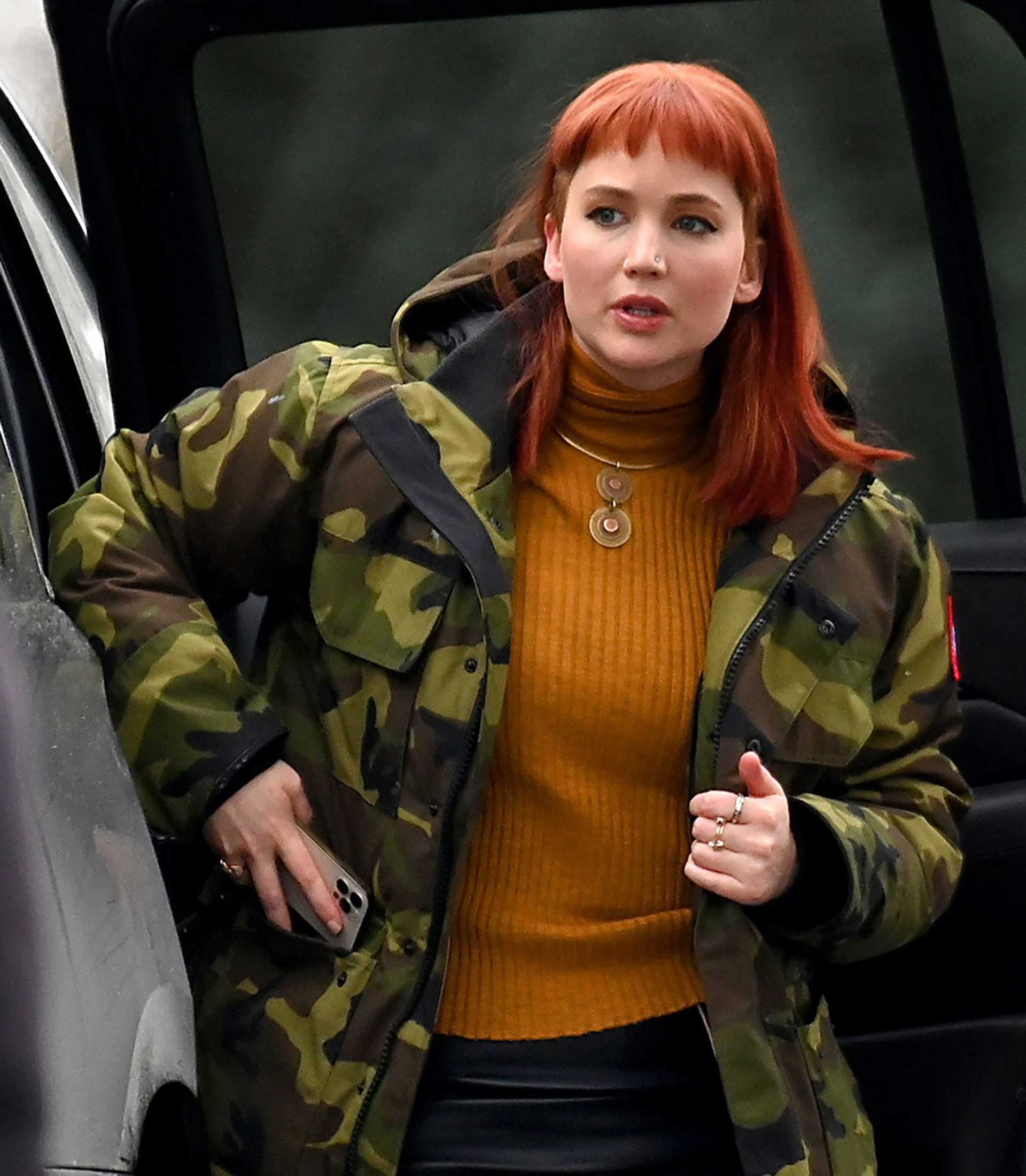 Actress Jennifer Lawrence arrives on the set of the Netflix comedy