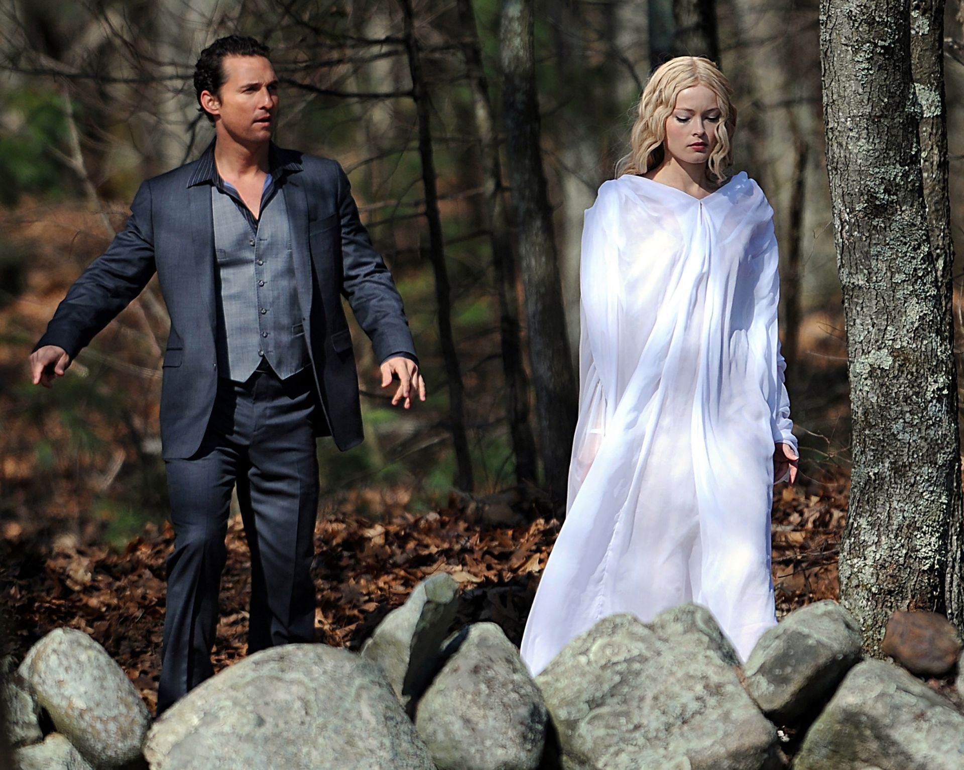 Matthew McConaughey and actress Olga Mallouk, playing the part of ghosts of girlfriends future, film a scene for