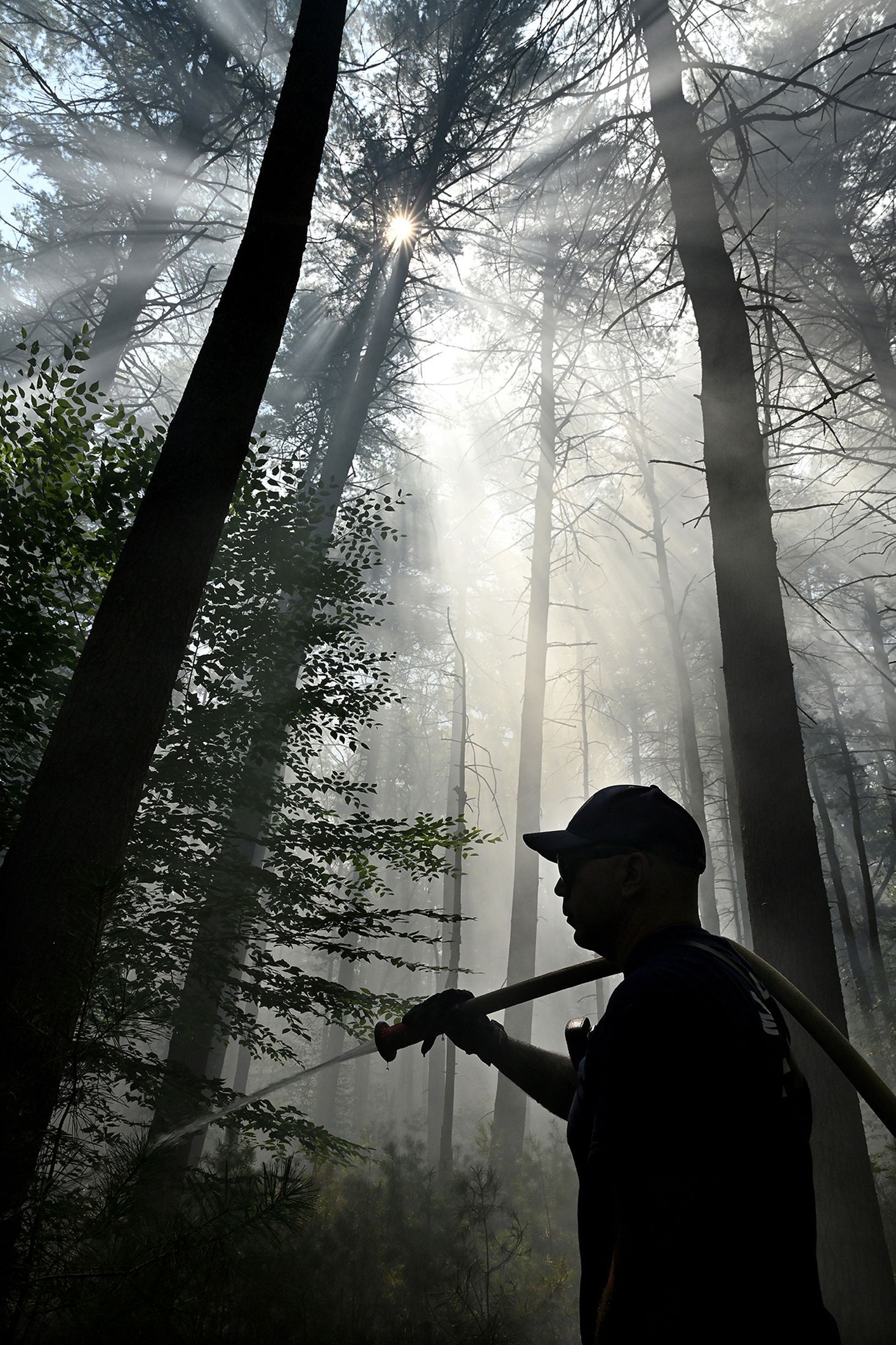Marlborough firefighter Rob Fadgen is silhouetted in the smoke and afternoon sun while putting water on a brush fire in the Marlborough-Sudbury State Forest, August 20, 2022.