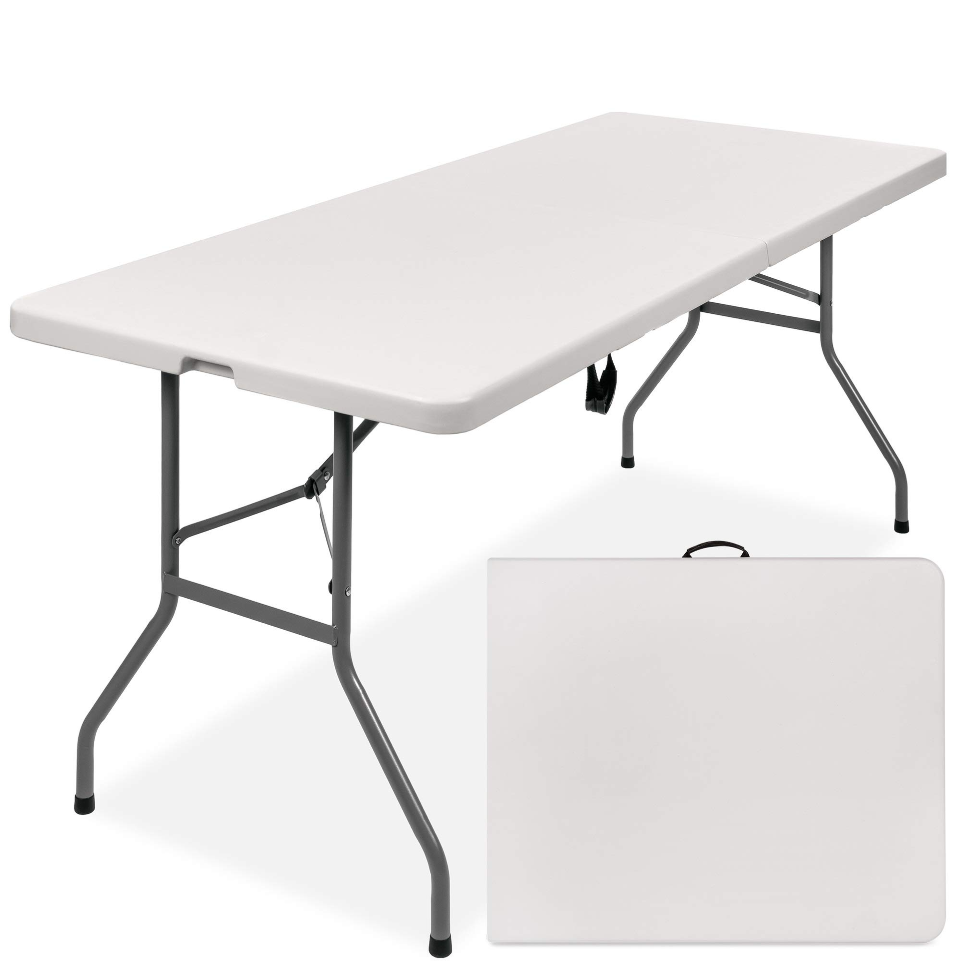 A white folding table with a briefcase attached to it.