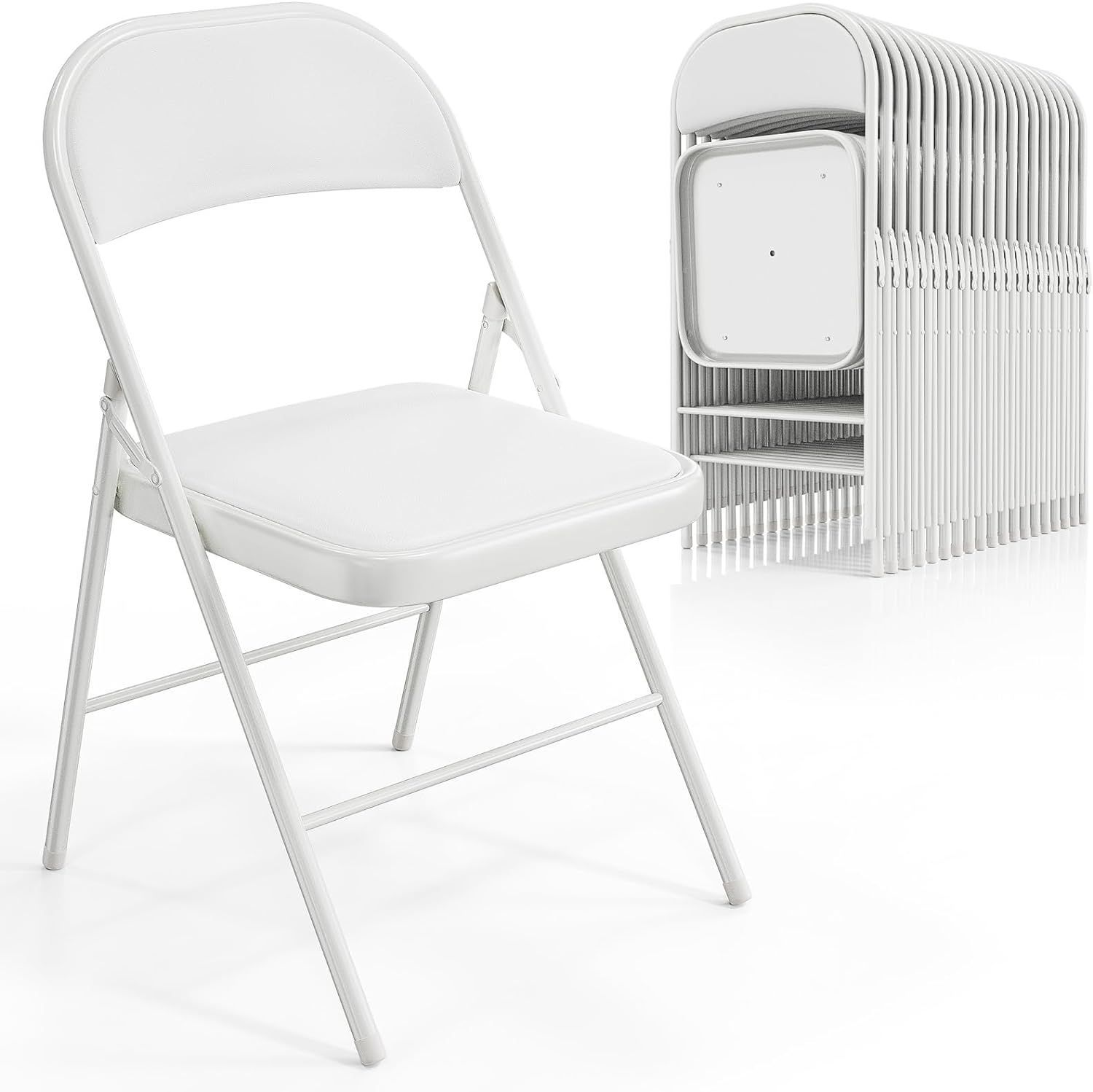 A white folding chair is sitting next to a stack of folding chairs.