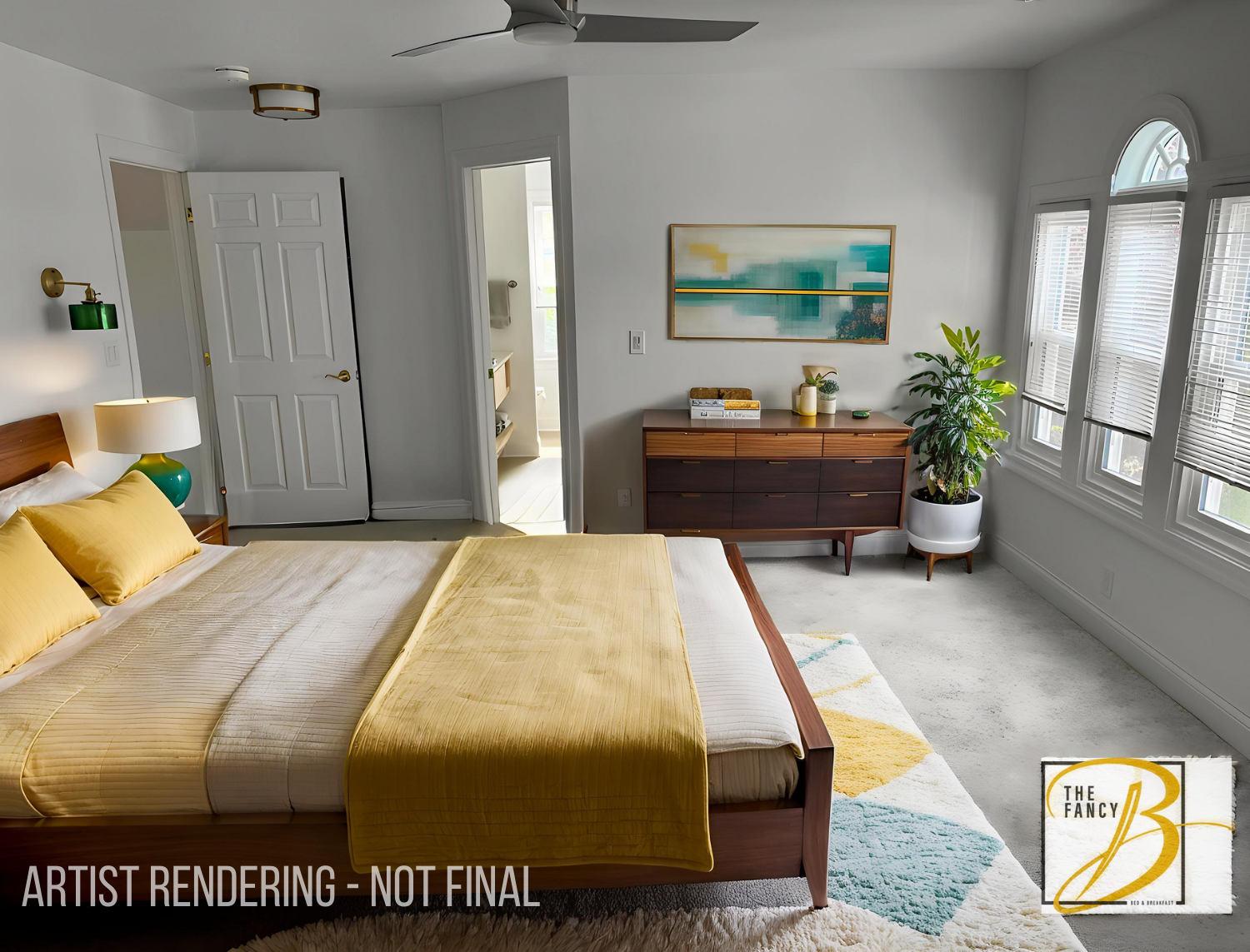 There is a bed in the middle of the room with a wooden headboard.