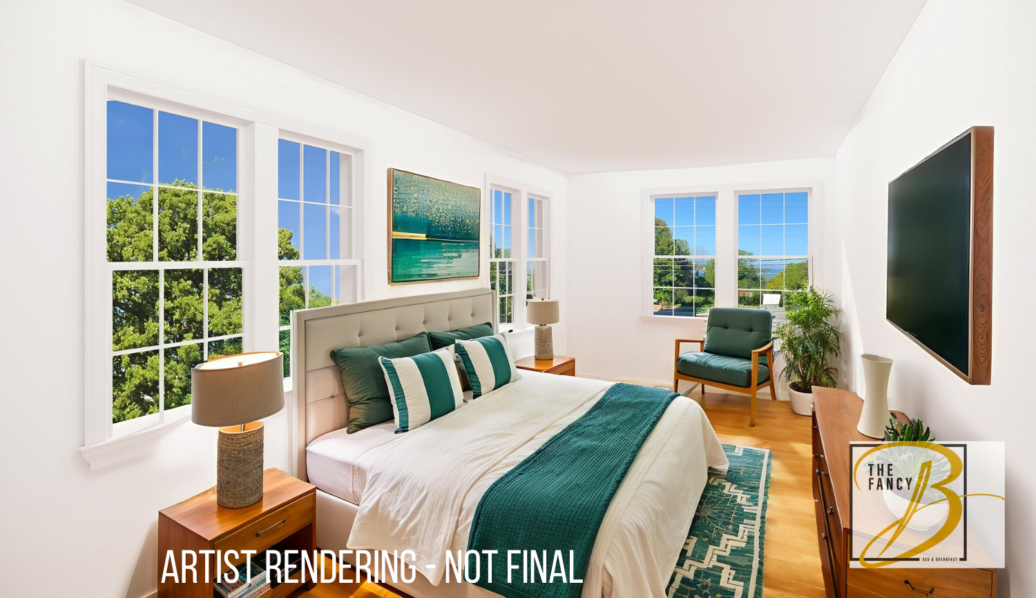 A bedroom with a bed , dresser , nightstand , rug and two windows.