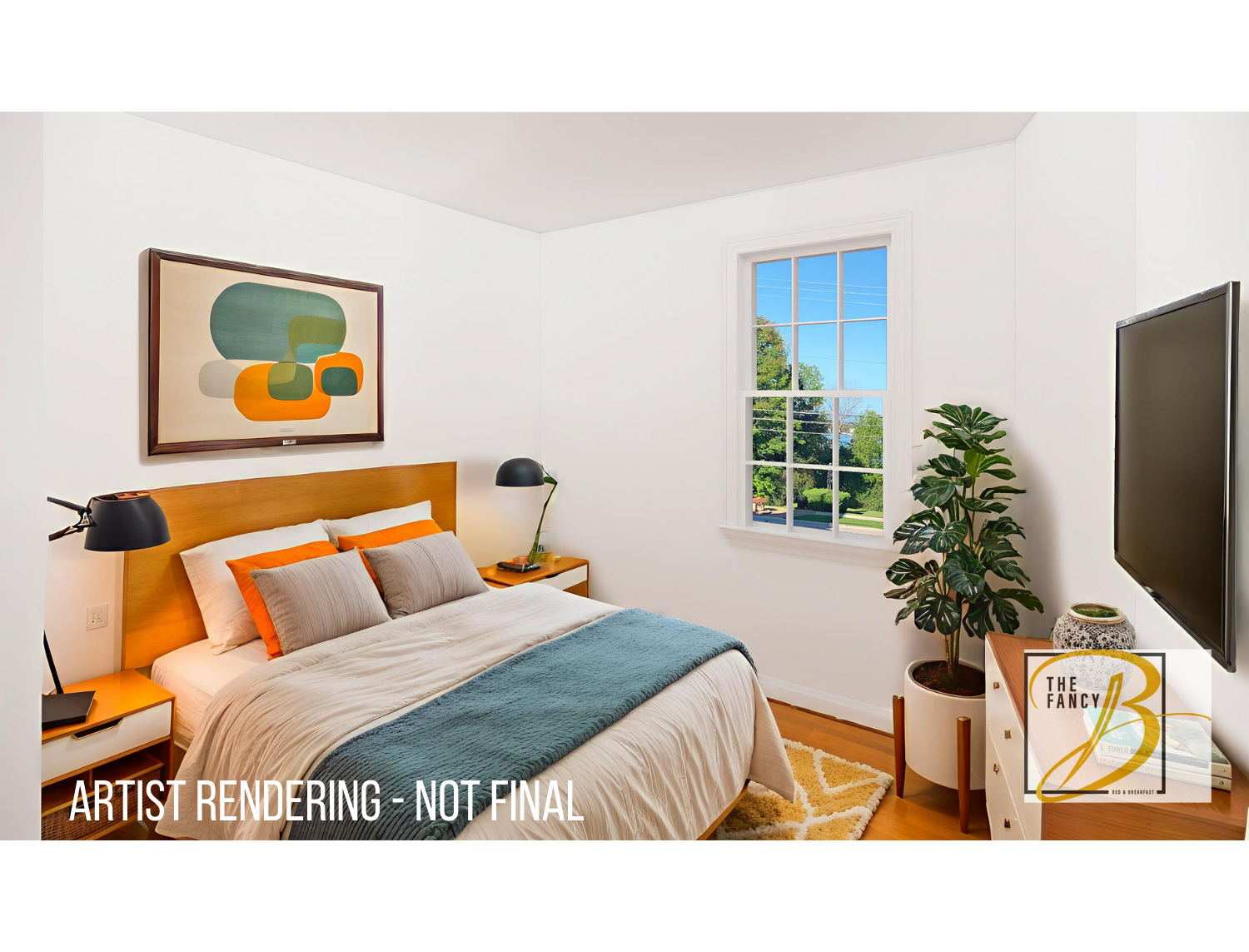 A bedroom with a bed , two nightstands and a painting on the wall.