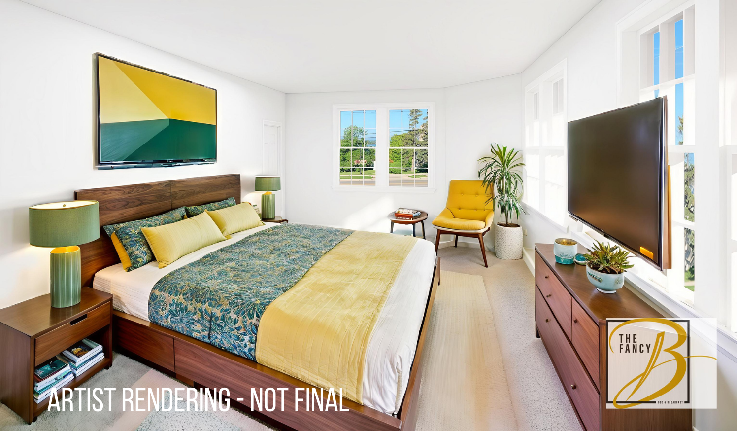 A bedroom with a king size bed , dresser , chair and rug.