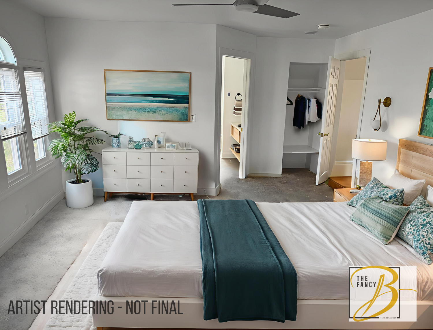 A bedroom with a bed , dresser , and ceiling fan.