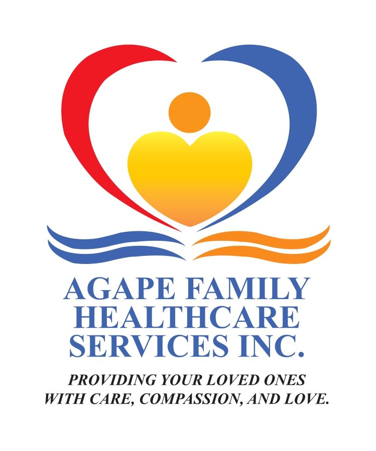 Logo for Agape Family Healthcare Services Inc., heart shape with family icon, text "Providing your loved ones with care, compassion, and love."