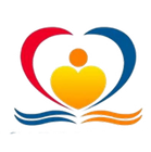 A logo with a yellow heart shape and an orange circle above it, framed by a red and blue arc, over two wavy lines.