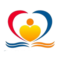 Heart-shaped emblem with a person icon inside, surrounded by curves. Colors are red, blue, and yellow.