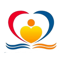 Heart-shaped logo with a person symbol inside; red and blue outer heart, yellow inner heart, orange head, with waves below.