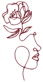 Line drawing of a face in profile with a flower on top, in burgundy.