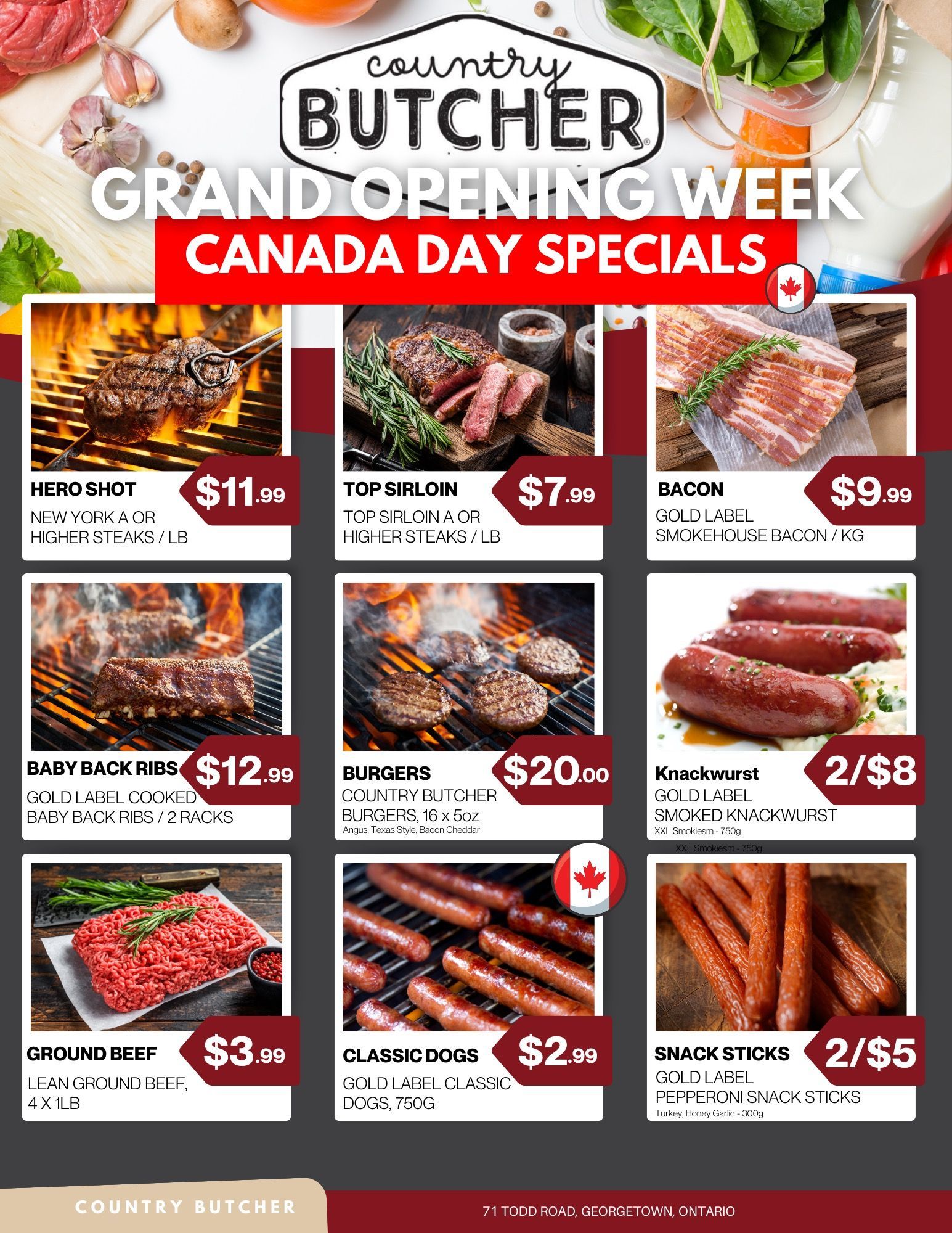 Country butcher grand opening week canada day specials