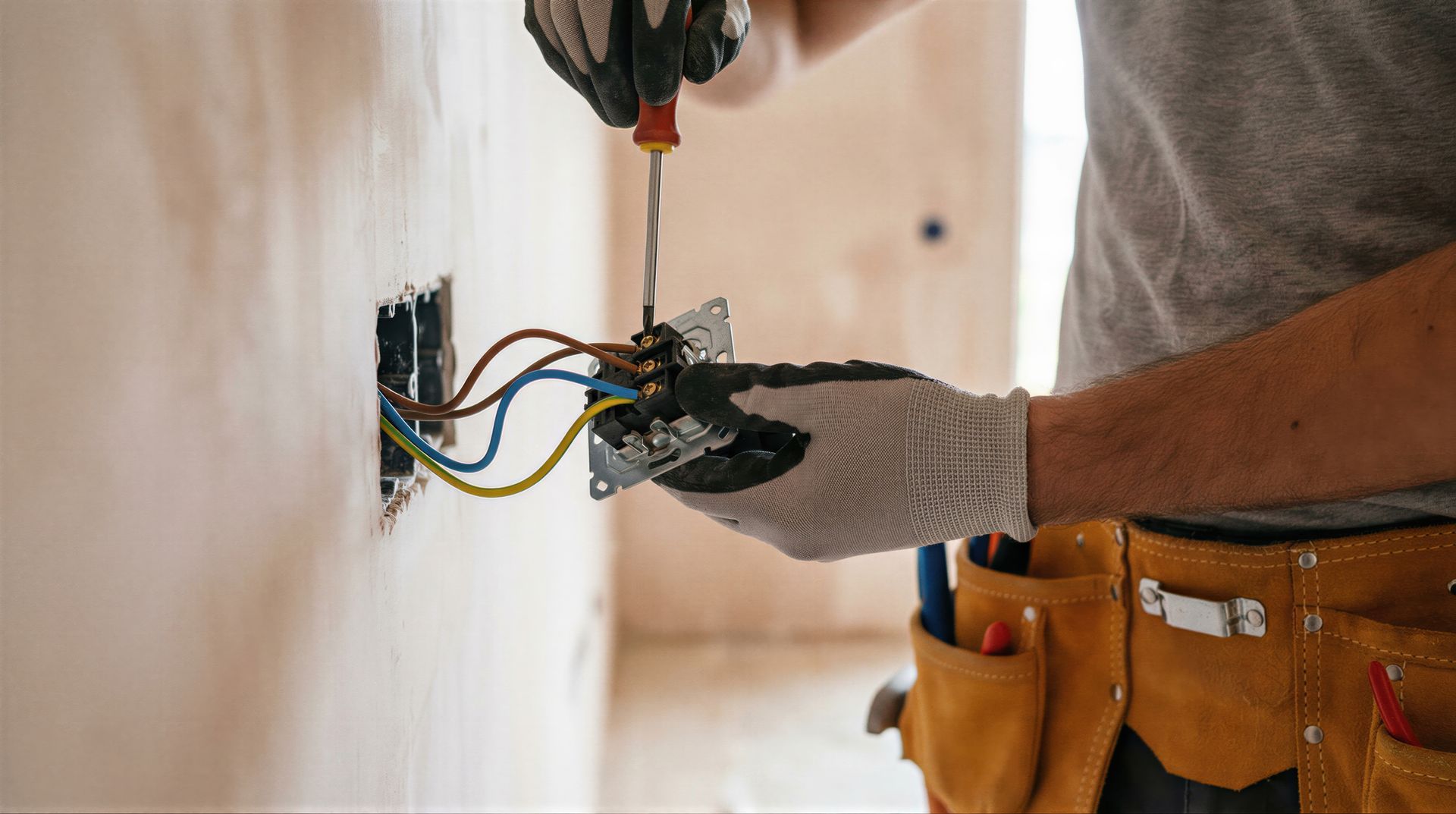 A person wearing work gloves uses a screwdriver to install electrical wiring into a wall outlet in a room under renovation.