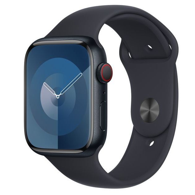 An apple watch with a black band and a blue face.