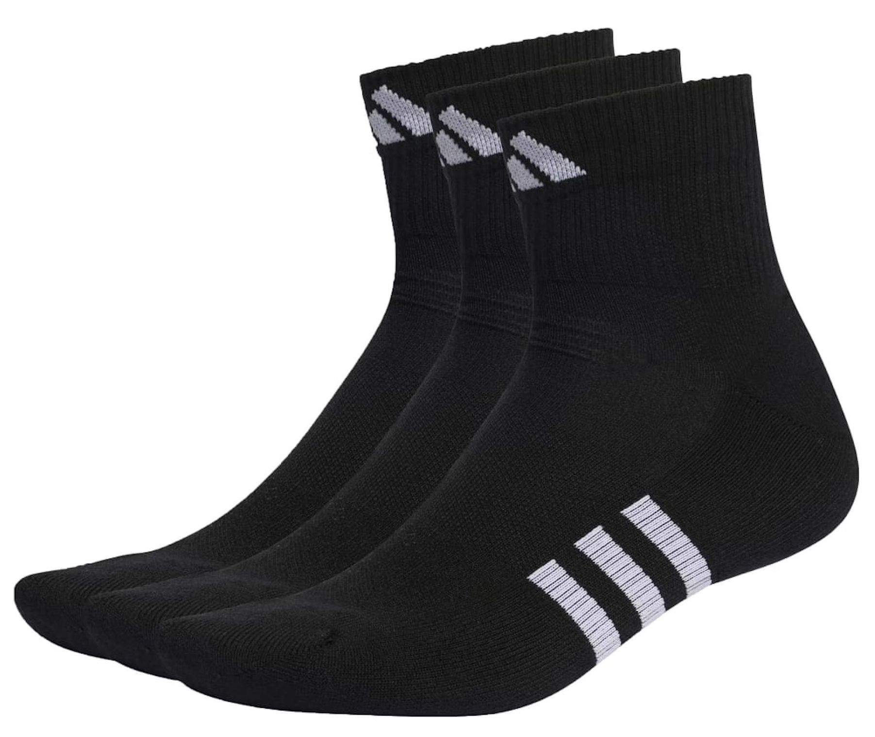 A pair of black adidas socks on a white background
