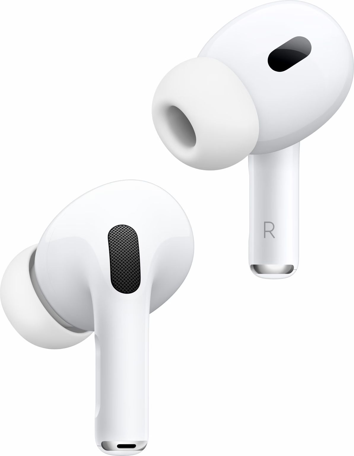 A pair of white airpods pro earbuds on a white background.