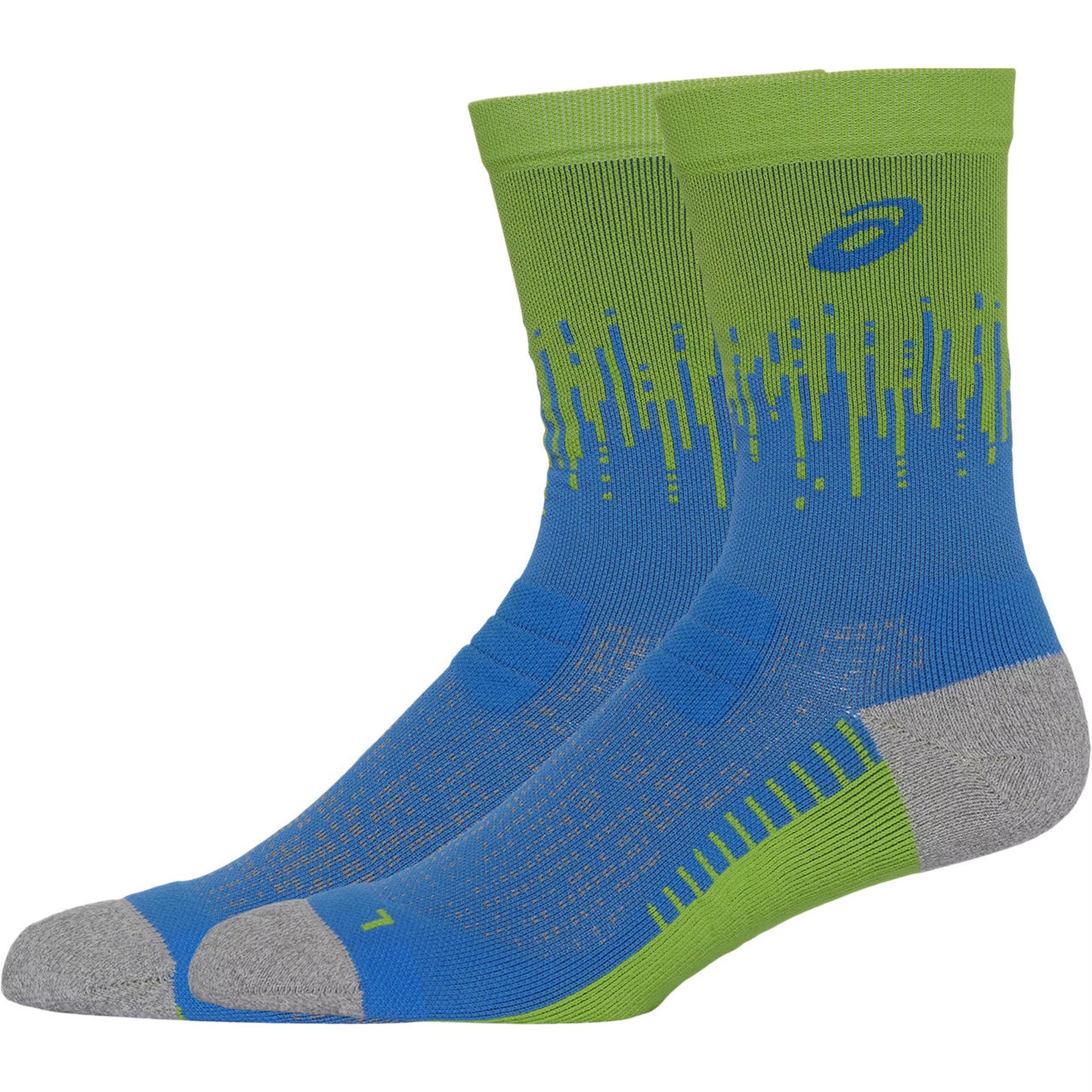 A pair of blue and green socks on a white background