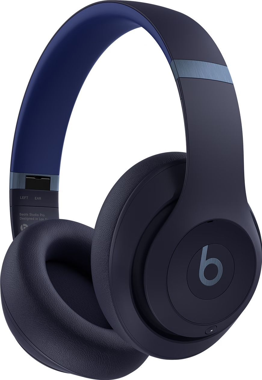 A pair of blue beats headphones on a white background