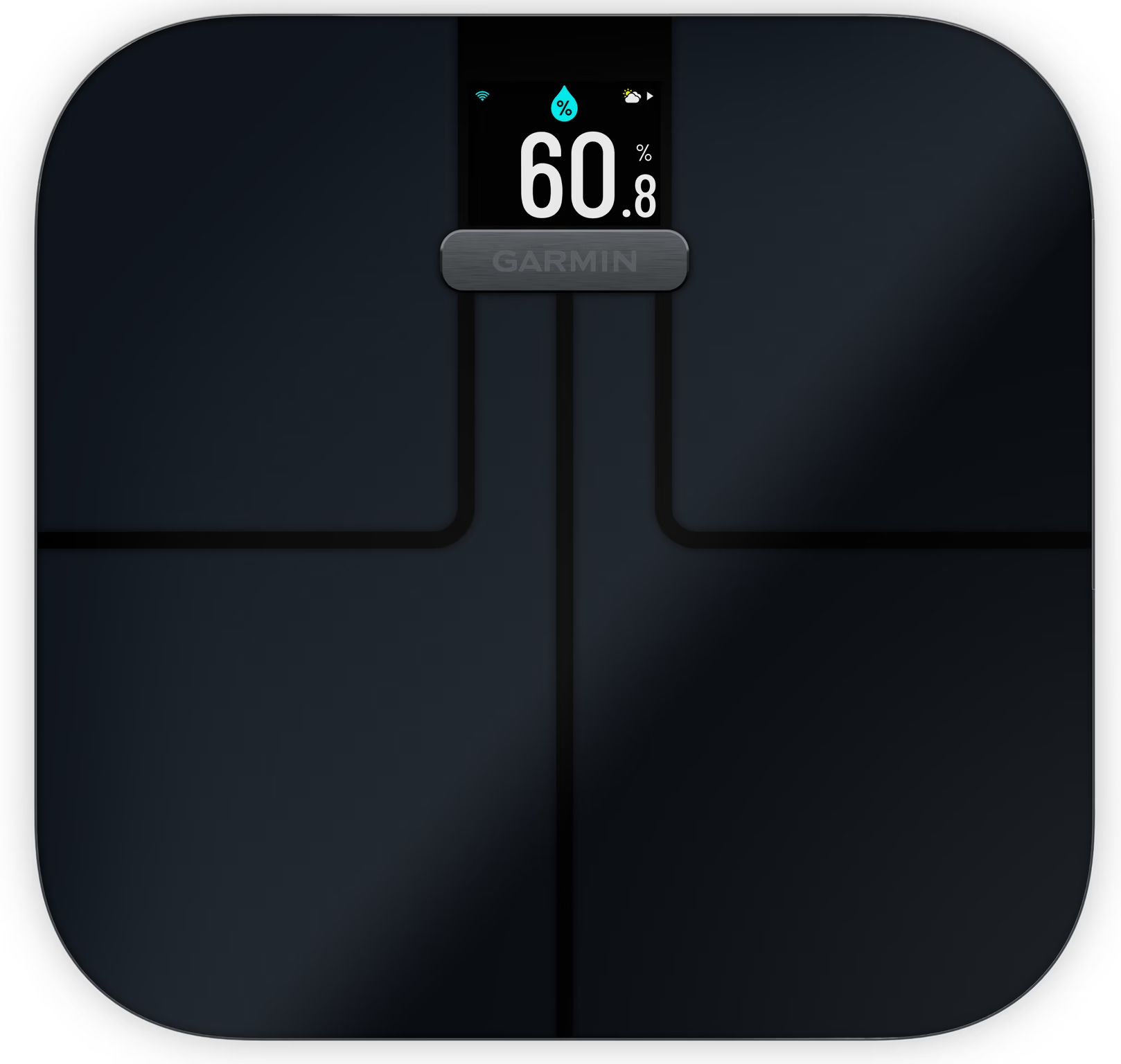 A black garmin scale displays a weight of 60.8