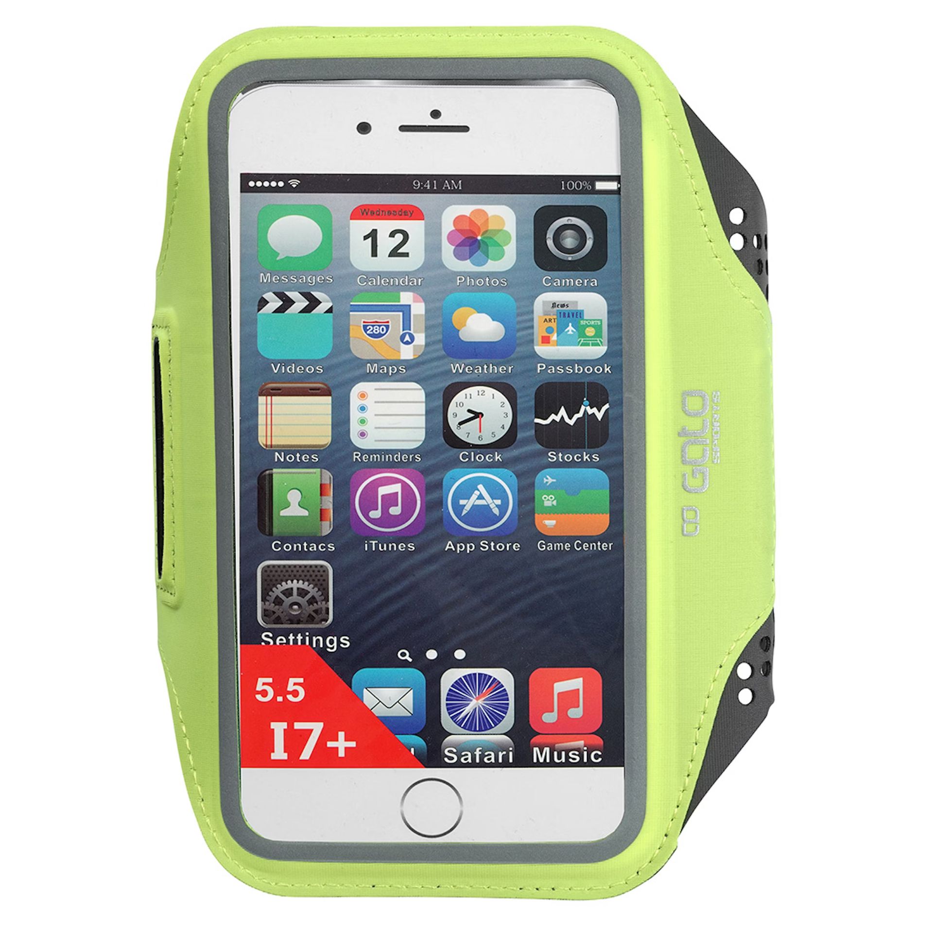 A cell phone in a green armband with safari music on the screen