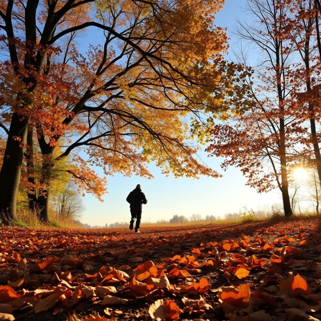 A person walking down a path with leaves on the ground