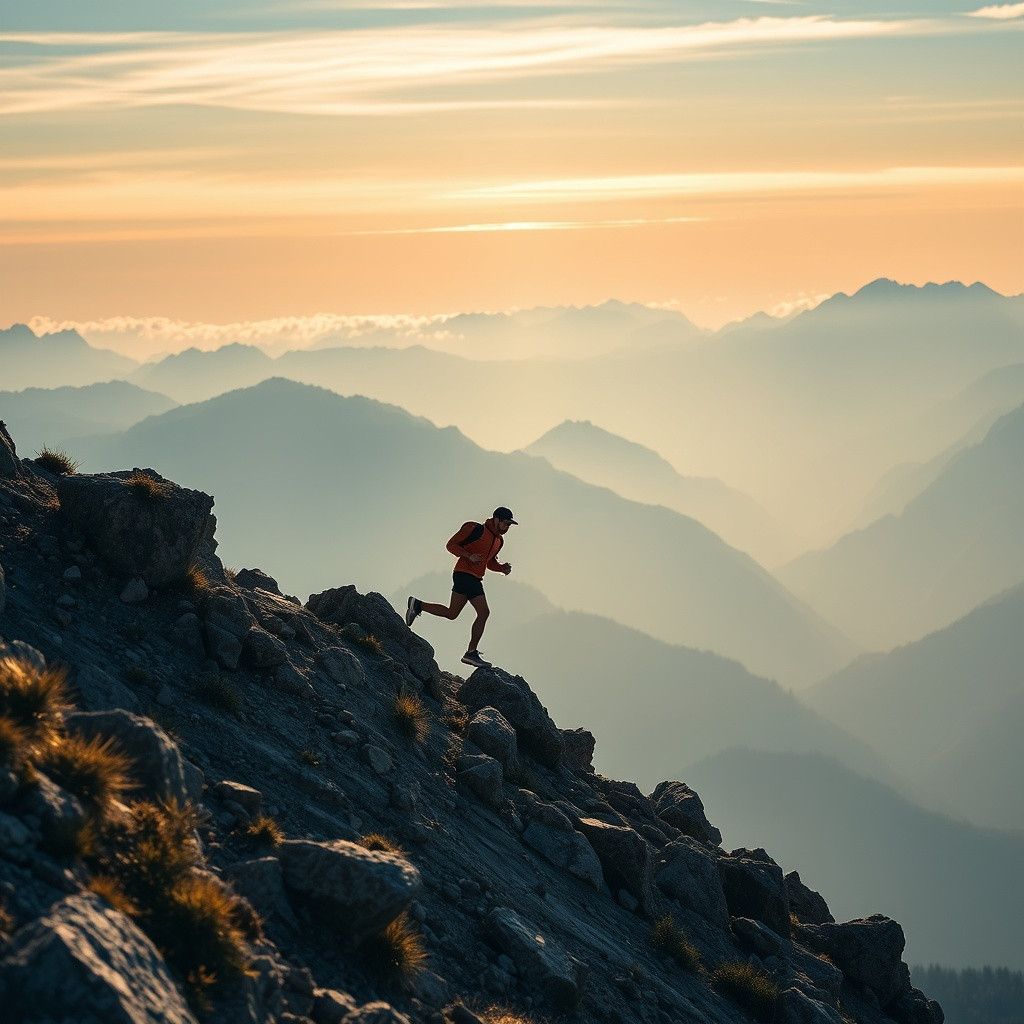 A man with a backpack is running up a mountain