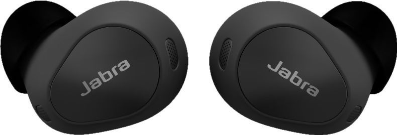 A pair of black jabra earbuds on a white background