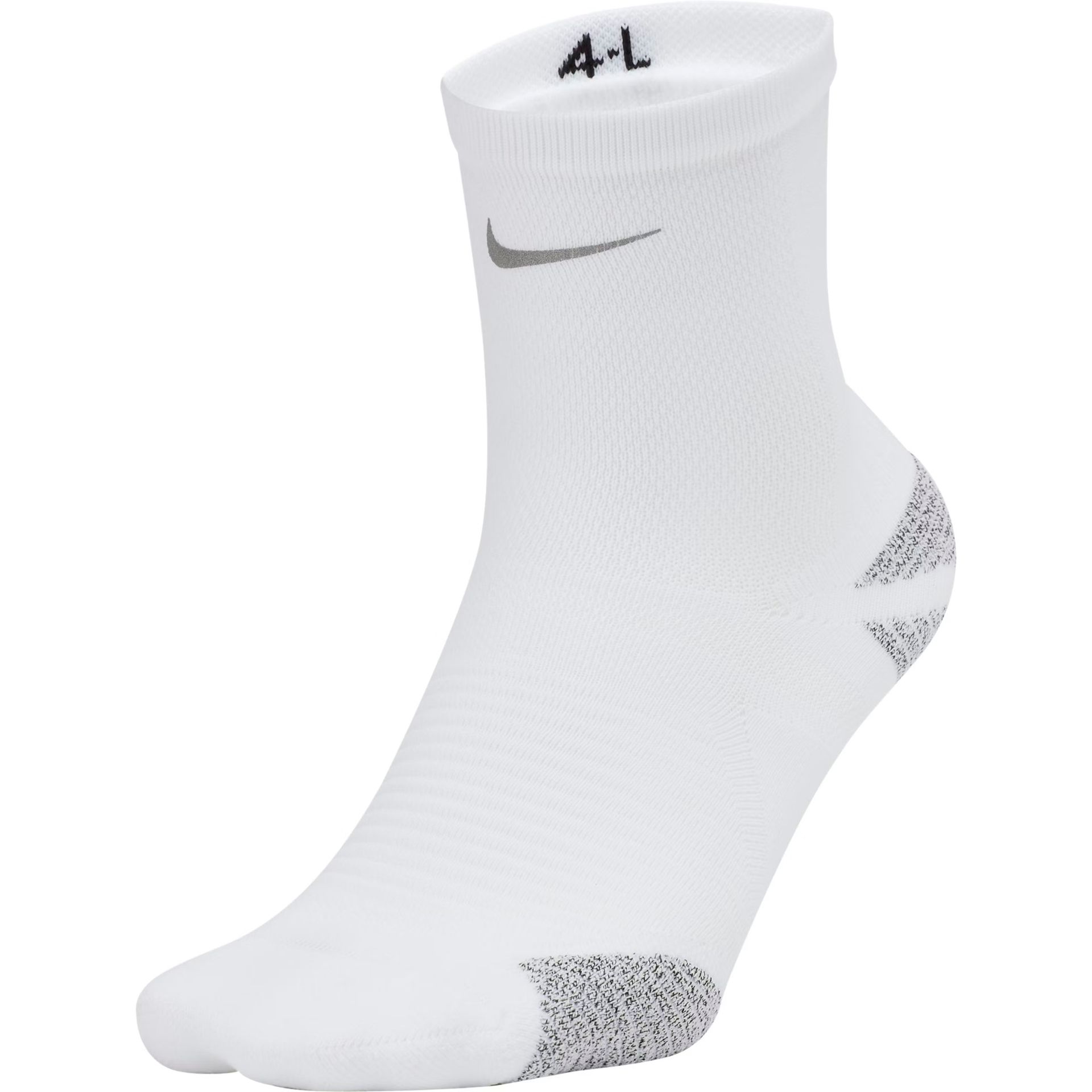 A pair of white nike socks with the number 4 on them