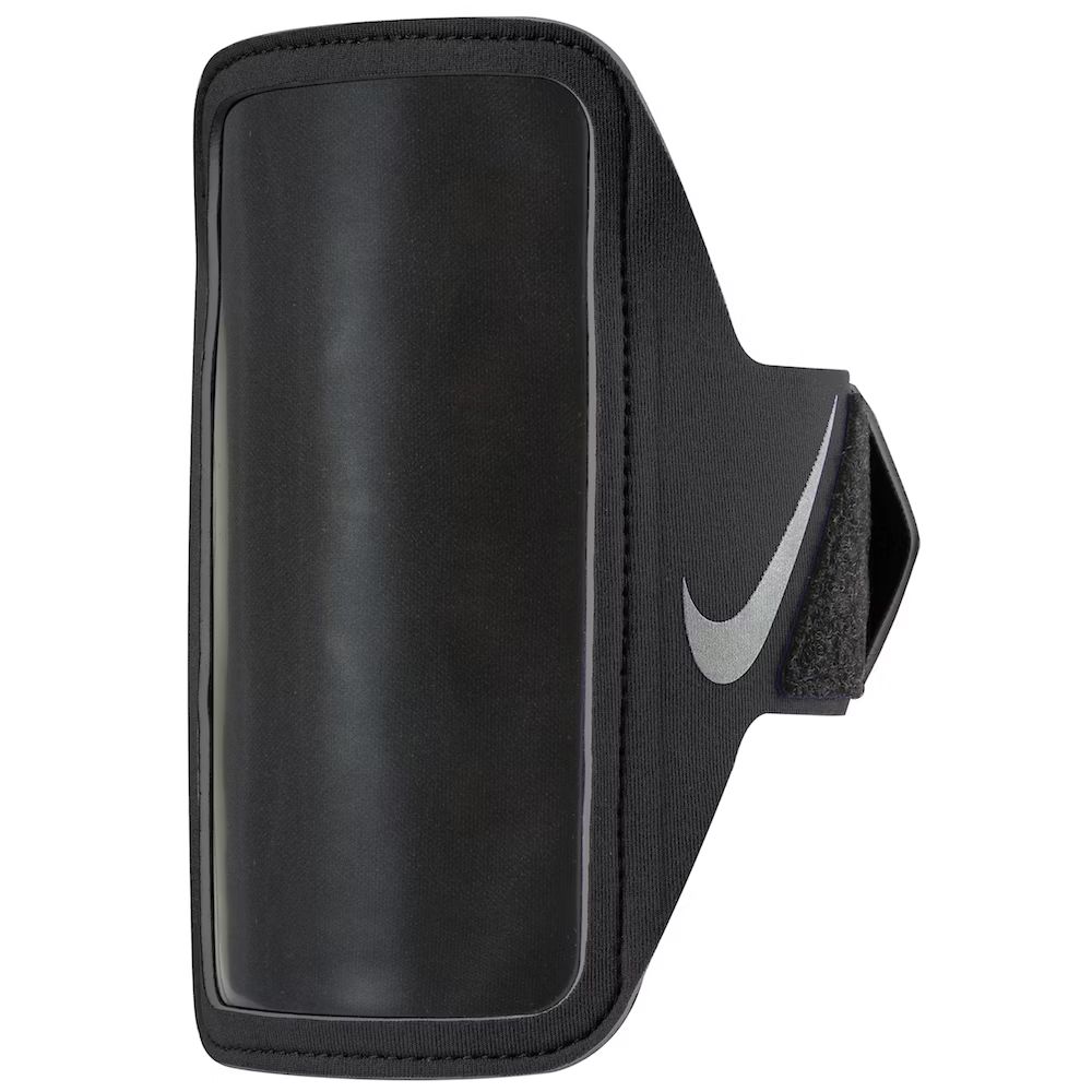 A black nike armband with a silver swoosh on it