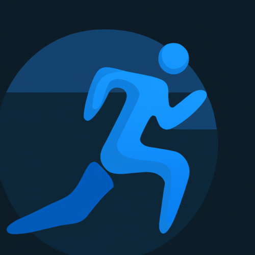 een rennend blauw figuur in een blauwe cirkel