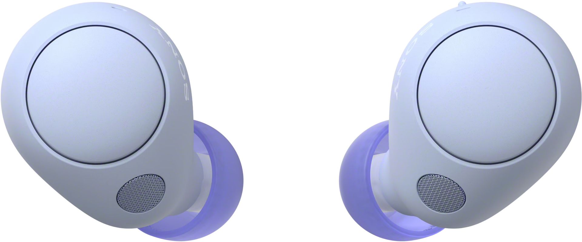 A pair of purple and white ear buds on a white background.