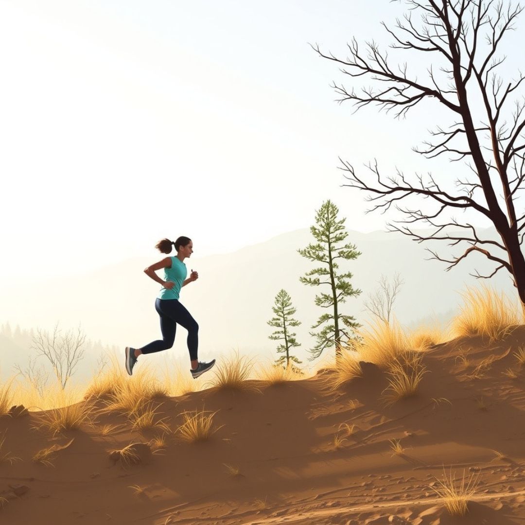 A woman is running up a hill in the desert.