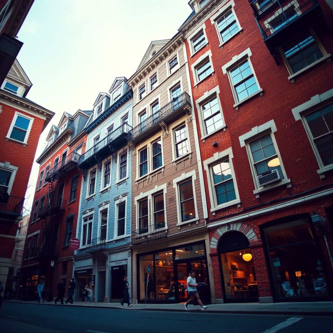 A row of buildings are lined up on a city street.