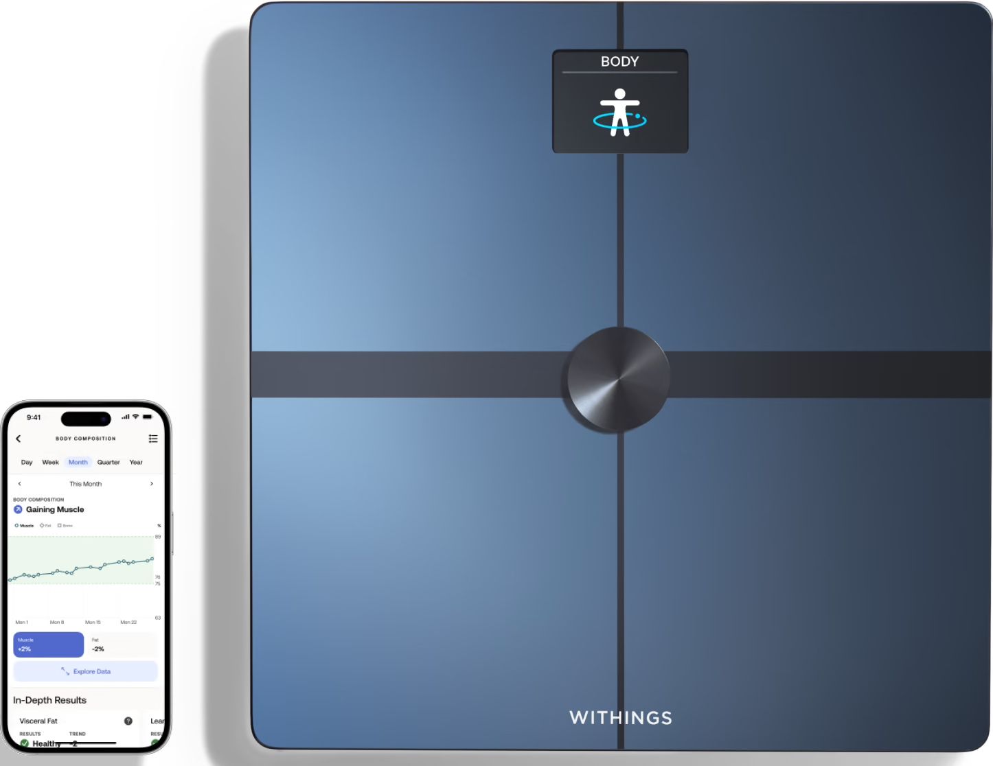 A smart scale with a phone next to it.
