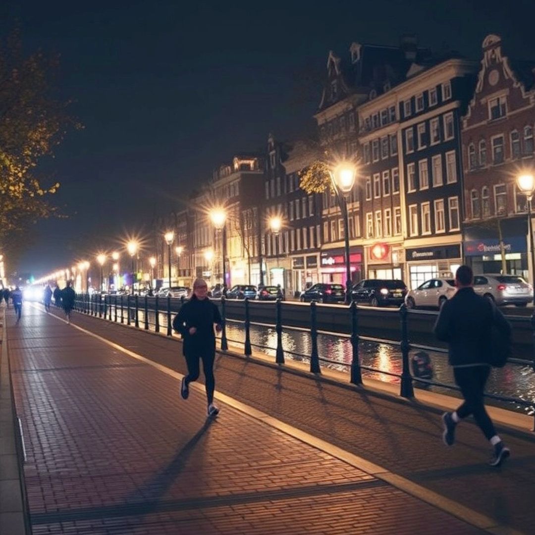 A couple of people are running down a street at night