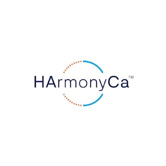 Logotipo de HarmonyCa con detalles circulares azules y naranjas sobre un fondo blanco.