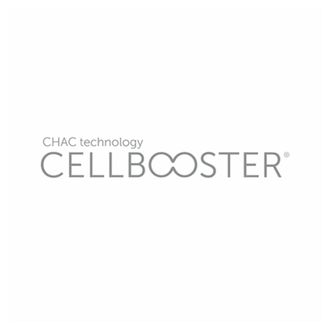 Logotipo de CHAC Technology CELLBOOSTER en gris claro sobre fondo blanco.