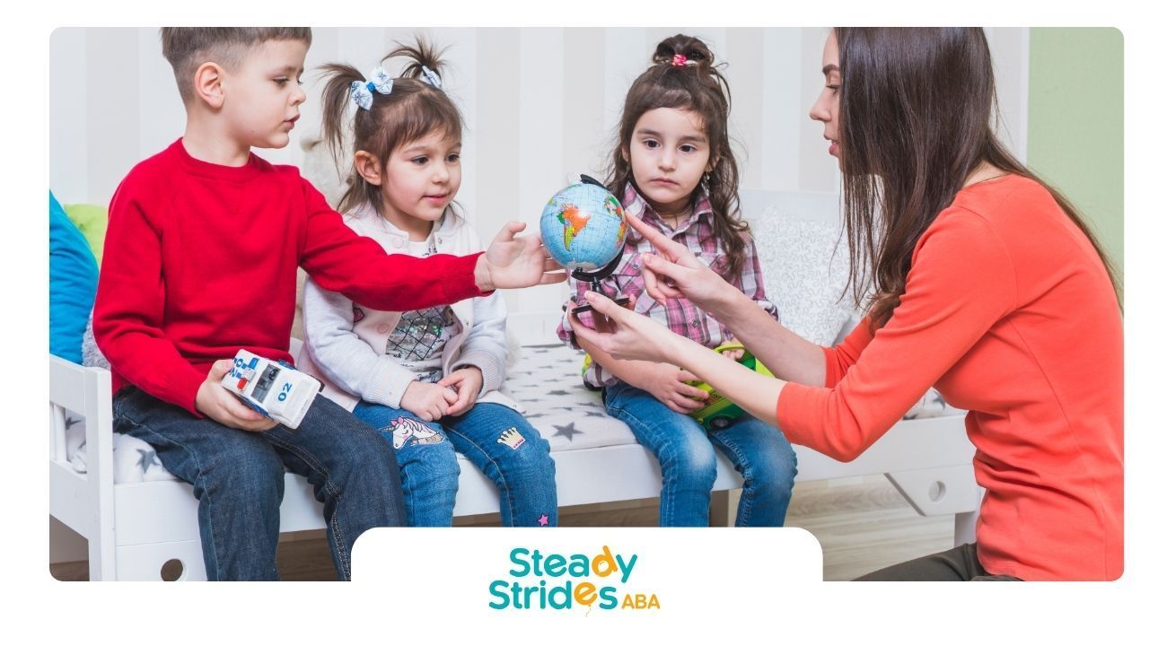 Therapist guides autistic kids in interactive ABA activities to build social & communication skills