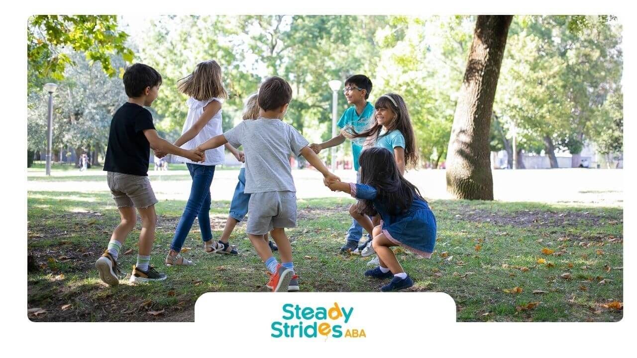 A group of autistic kids holding hands and playing together, encouraging social interaction.