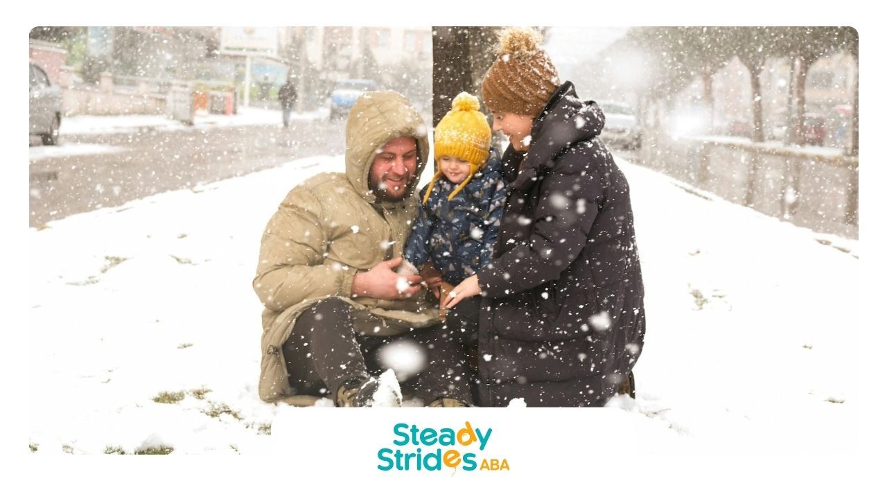 Parents with their autistic child sitting together in the snow during a winter snowfall in Texas.