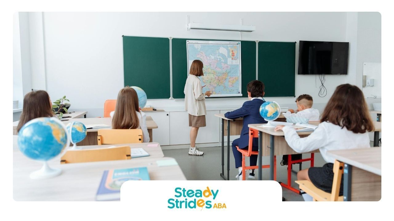 Students with autism attentively listening during ABA therapy session at a classroom in Texas.