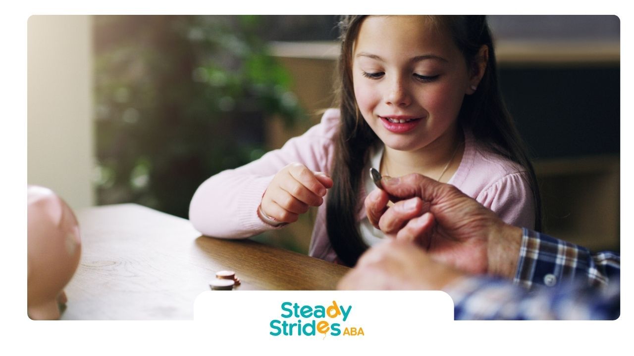 Autistic girl learning about money with caregiver, representing financial education and assistance.