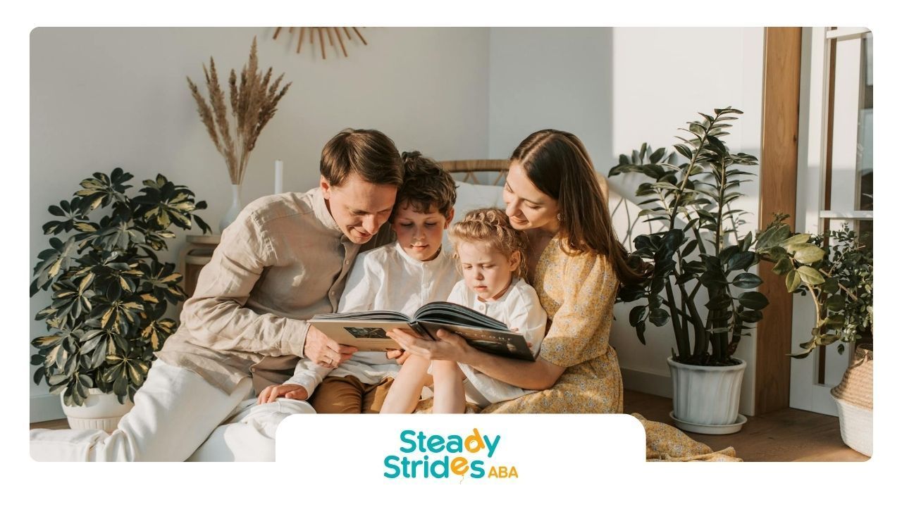 Family reading a book together on the floor with autistic children, surrounded by plants in Texas.