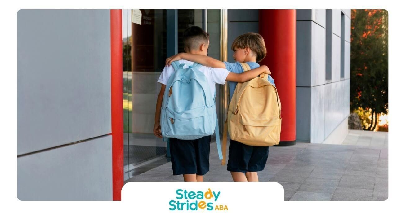 Two autistic boys with backpacks walking arm in arm toward a school building and showing friendship.